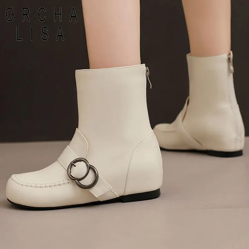 

Модные винтажные женские сапоги до середины икры с круглым носком 3,5 см, увеличенный каблук, молния, пряжка ремня, большой размер 43, 44, 45, осень