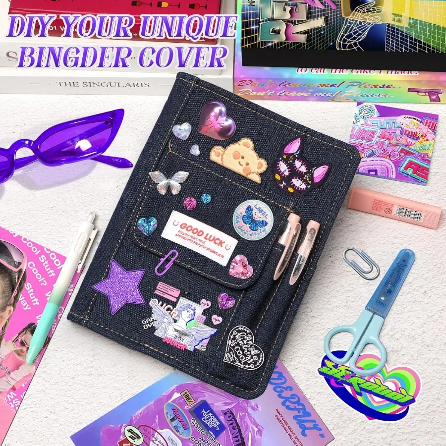 A5 Refillable Notebook Binder A5 Denim 6 Ring Binder Cover with 100 Sheet Filler Paper Y2K Persol Jourl Notebook for Girls n Sc