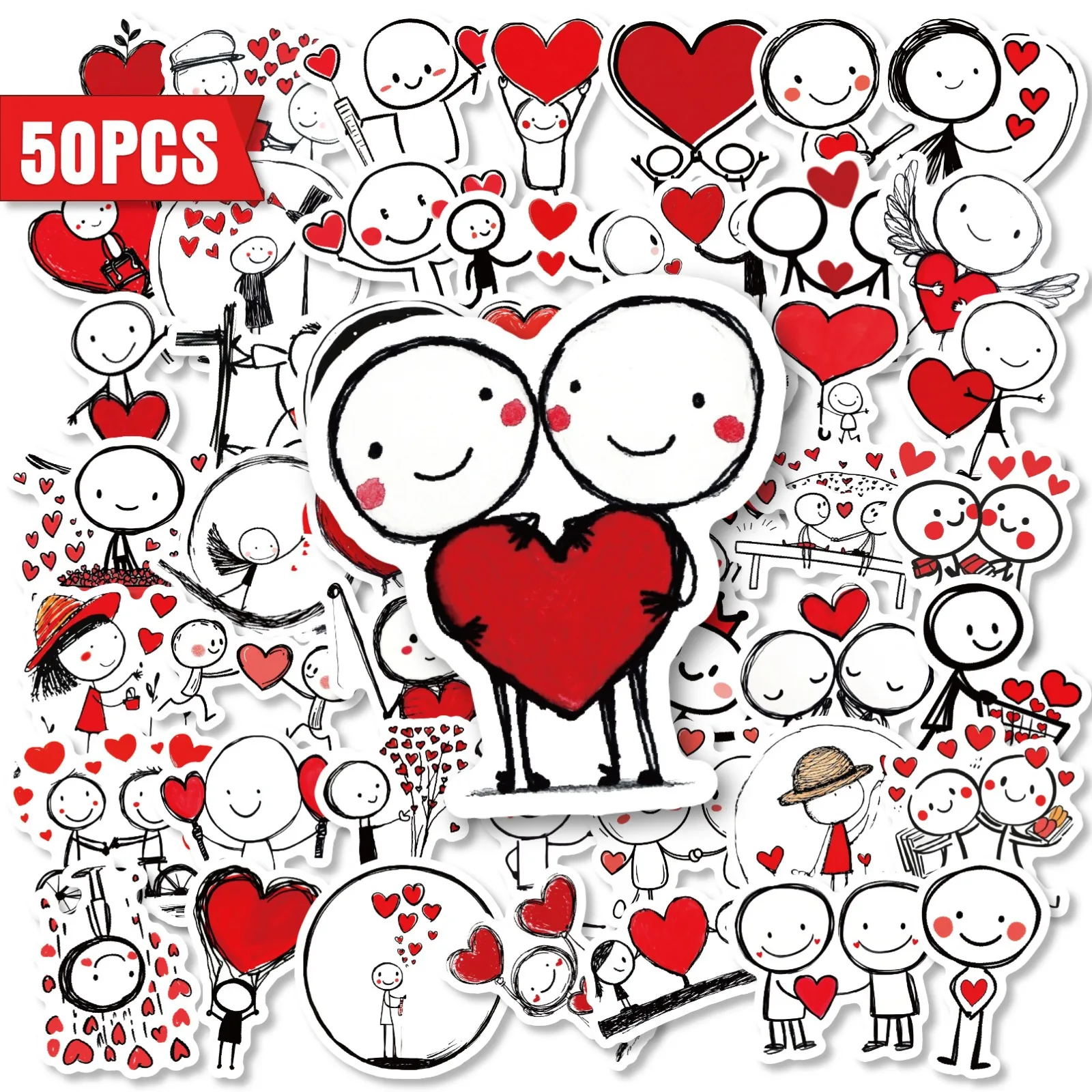 50Pcs Cute Cartoon Simple‑Style Heart‑Themed Little‑Figure Stickers, Valentine’s Day Decorative Journal Stickers