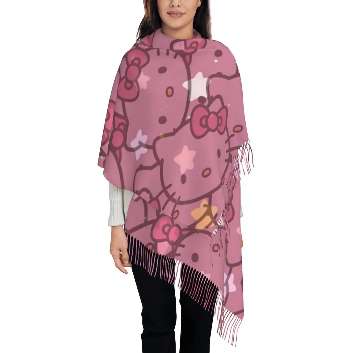 

Hello Kitty Pink Star Shawl Wrap for Womens Winter Warm Large Soft Scarf Pashmina Tassel Scarves