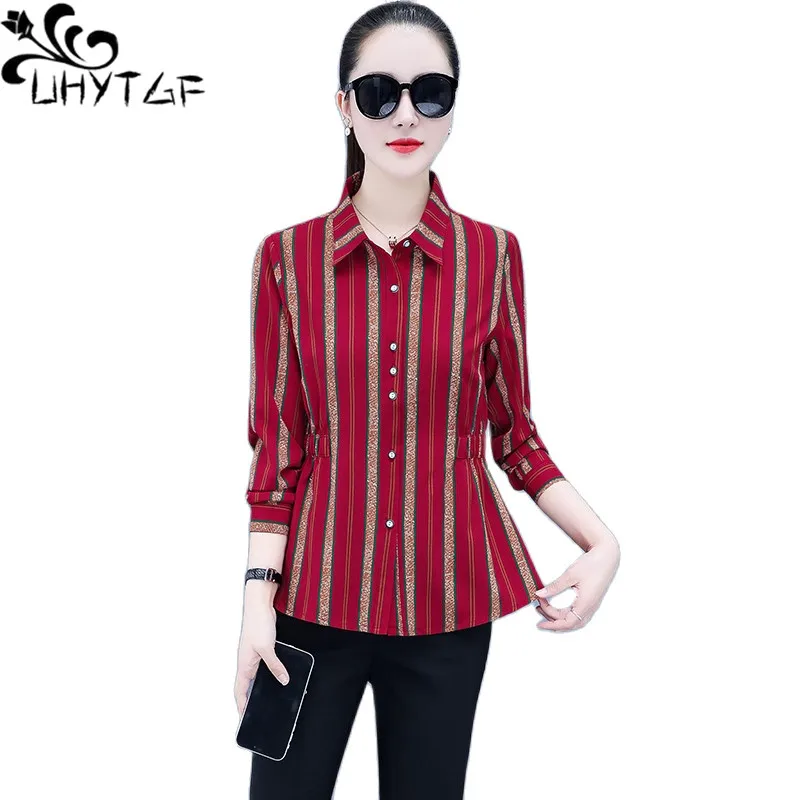 

UHYTGF Womens Blouse Long Sleeve Single Breasted Casual Autumn Shirt Ladies Fashion Plaid Slim Top Female Chemise Femme 3XL 1758