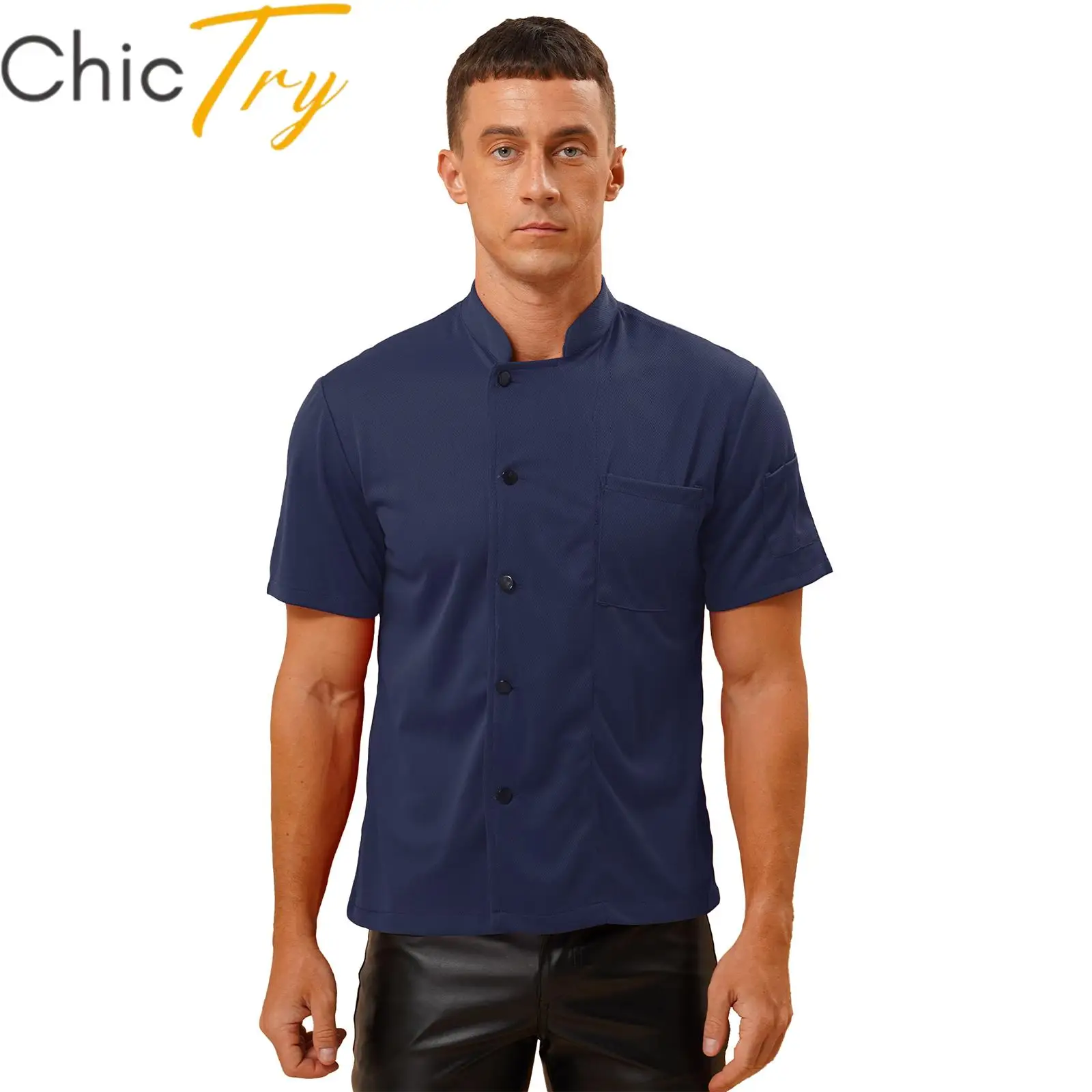 Chemise de chef pour hommes, veste de cuisine, uniforme de travail, col montant, manches courtes, t-shirt à boutons, vêtements de travail pour la cuisine, le restaurant, le service alimentaire