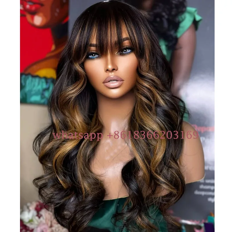 

Long Body Wave Highlight Warm Brown 100% Human Hair Black Women Full Lace Wigs Natural Hairline Glueless Fringe 13X6 Lace Wigs