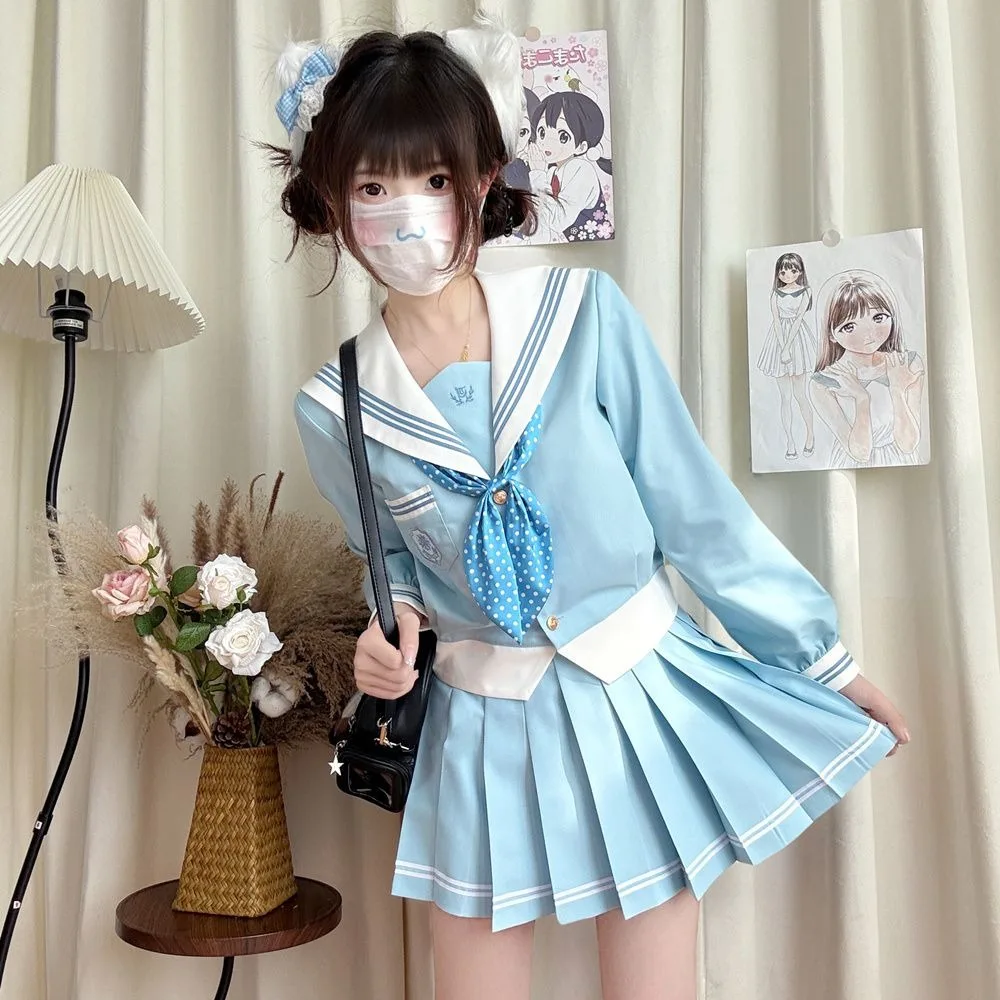아쿠아 블루 화이트 JK 선원 복장 일본 대학 스타일 유니폼 플리츠 스커트 정장 여성용 여름 긴 소매 및 반팔