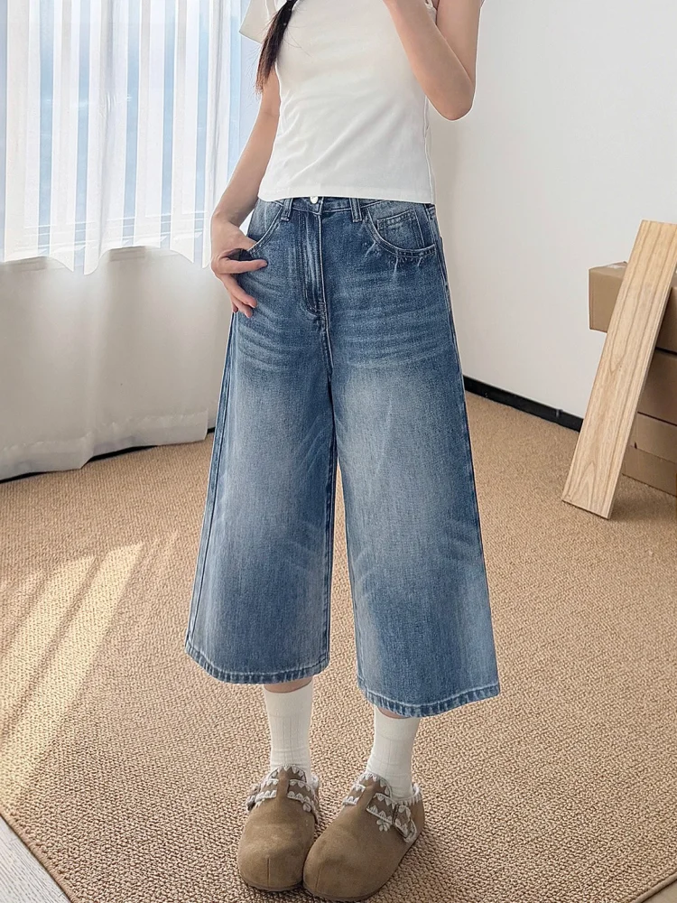 Retro American Blue High Street Seven-Point Denim Shorts Women's Summer Thin Loose Design Straight Leg Wide Leg Pants