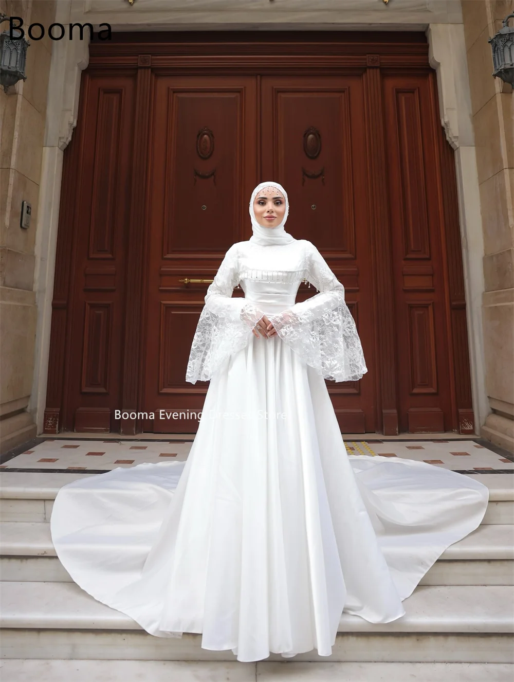 Booma Elegante A-lijn Lange Plooi Kristallen Jurken Formele Feestjurken voor Vrouwen Lange Mouw Eenvoudige Prom Gown Aanpassen