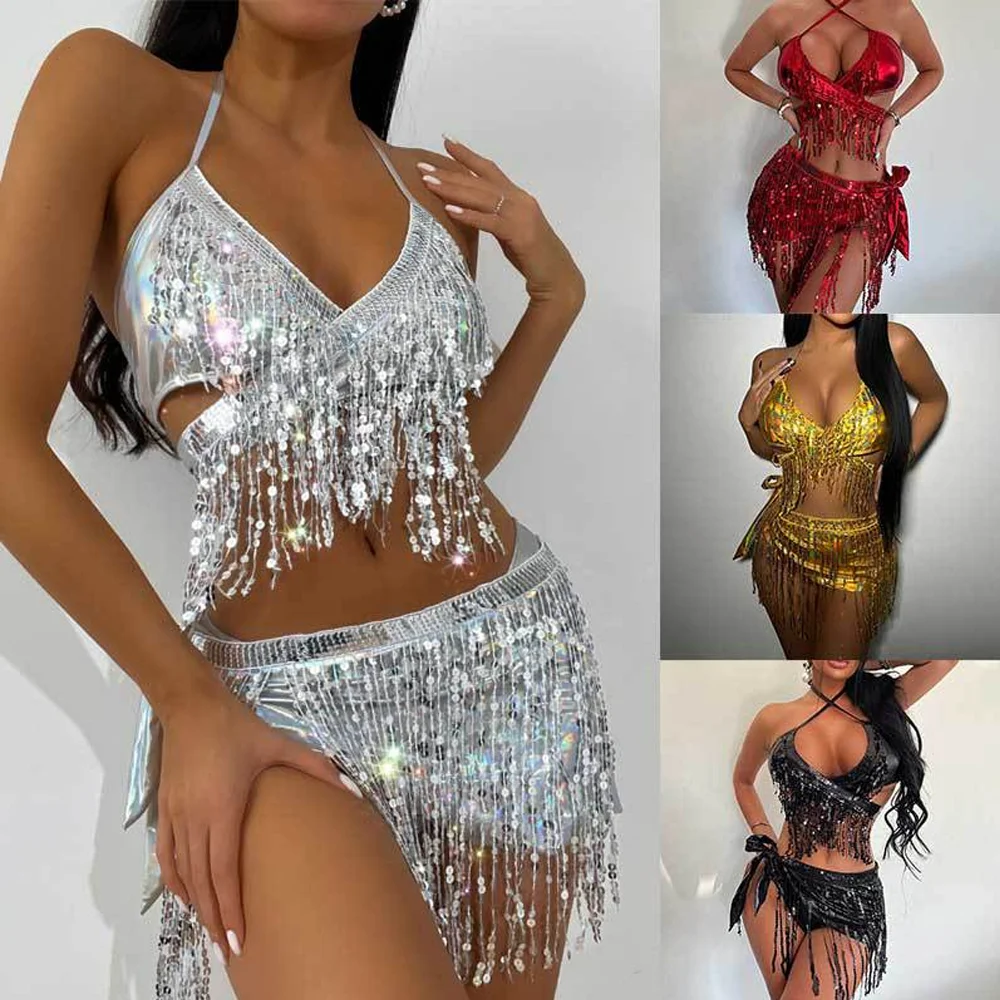 

New Sexy Women's Sequin Set Tassel Bikini Ladies Carnival Party Dance Hall Costumes Outfit For Stage Performance Gyaru Clothing