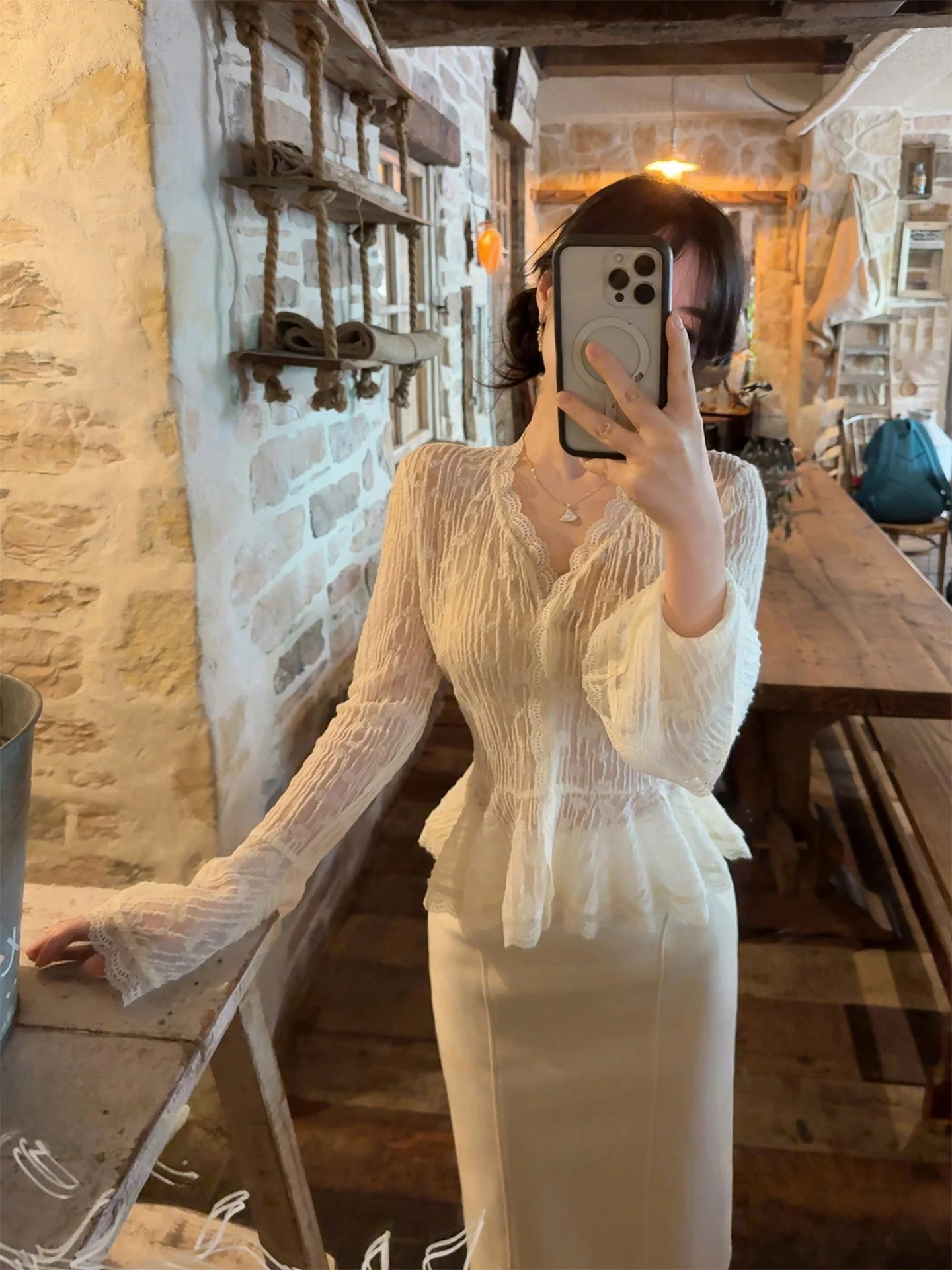 

Ele Wool Lace Top V-Ne Long Sve Knitted irt Women's Faion Spring 2025 Charming Lace Trim Fit And Flare Sle