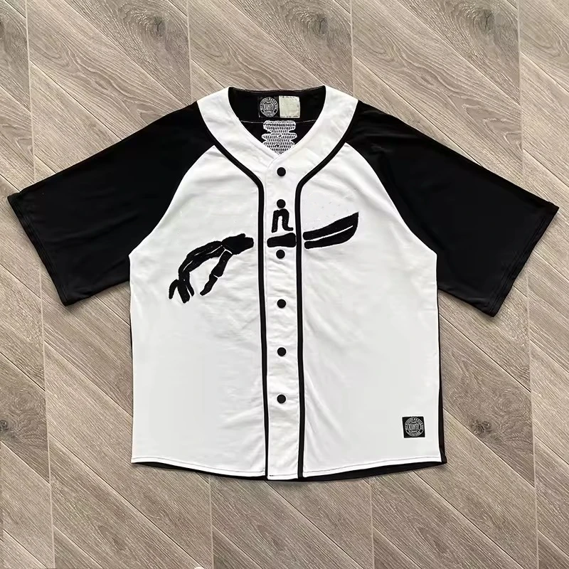 

25FW Hirata and Hongri Casual Bone Embroidery Letter Loose Baseball Short Sleeve Shirt for Men Women New Arrival Japanese Style