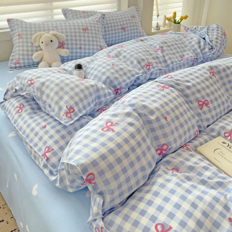 2024 Classic Plaid Bowknot Bedding Set Twin Queen INS Flower Duvet Cover Flat Sheet Pillowcase No Filler Simple Home Bed Linens