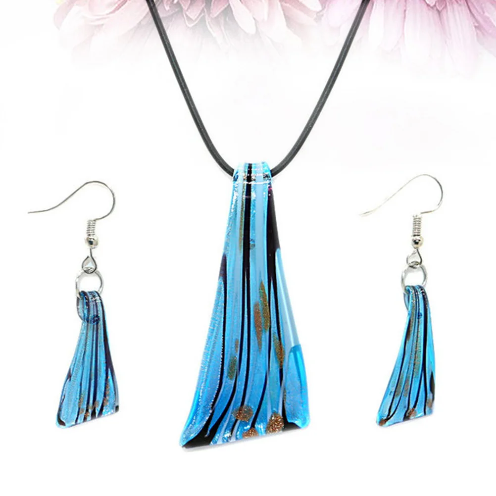 

Women Glass Pendant Necklace Earrings Set Vintage Blue Elegant Jewelry Kit Gift for Birthday Party Holiday Graduation