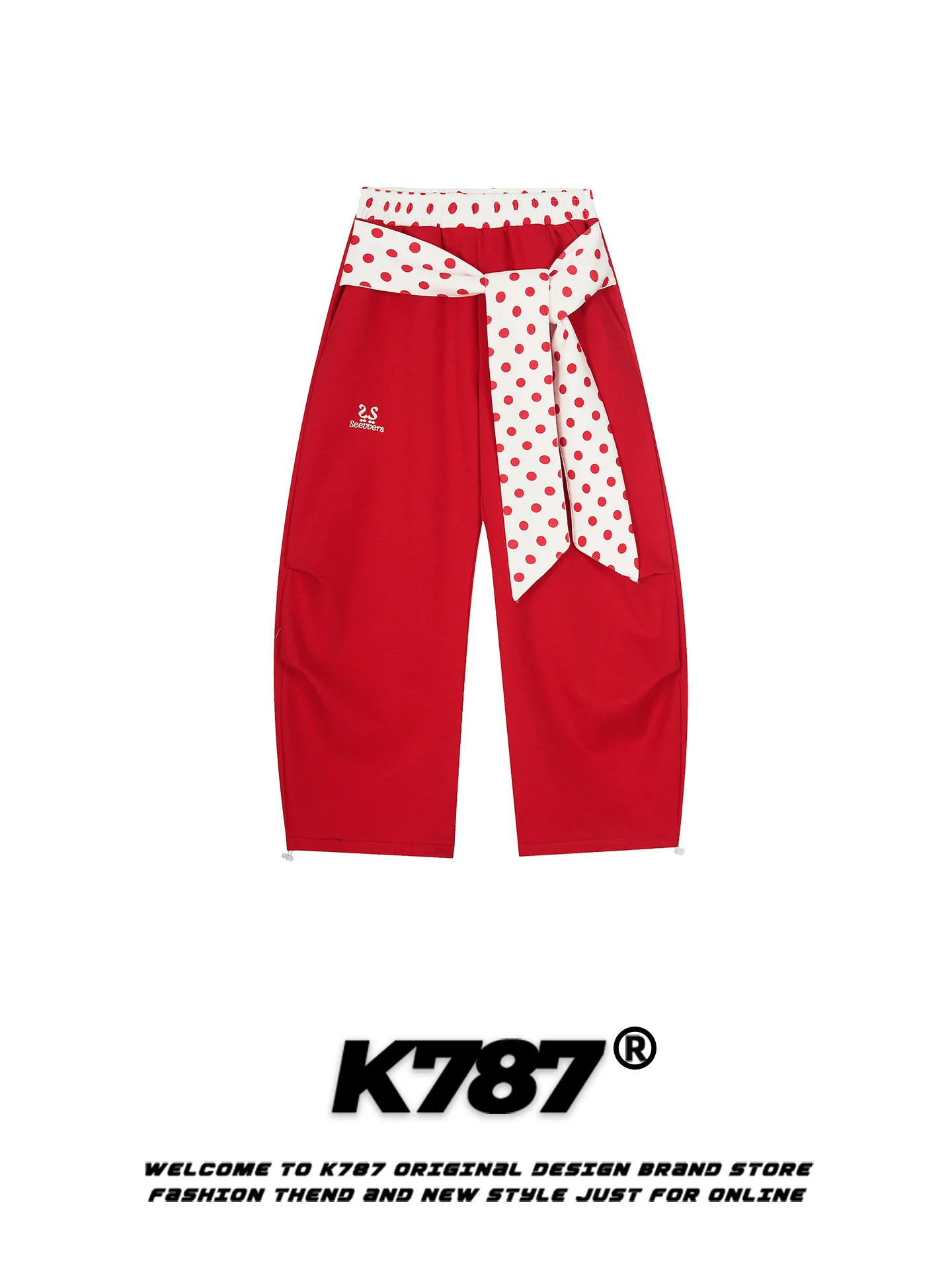 

K787 American Retro Polka Dot Belted Casual Sweatpants Women Loose High Waist Slimming Sports Street Dance Floor Length Pants