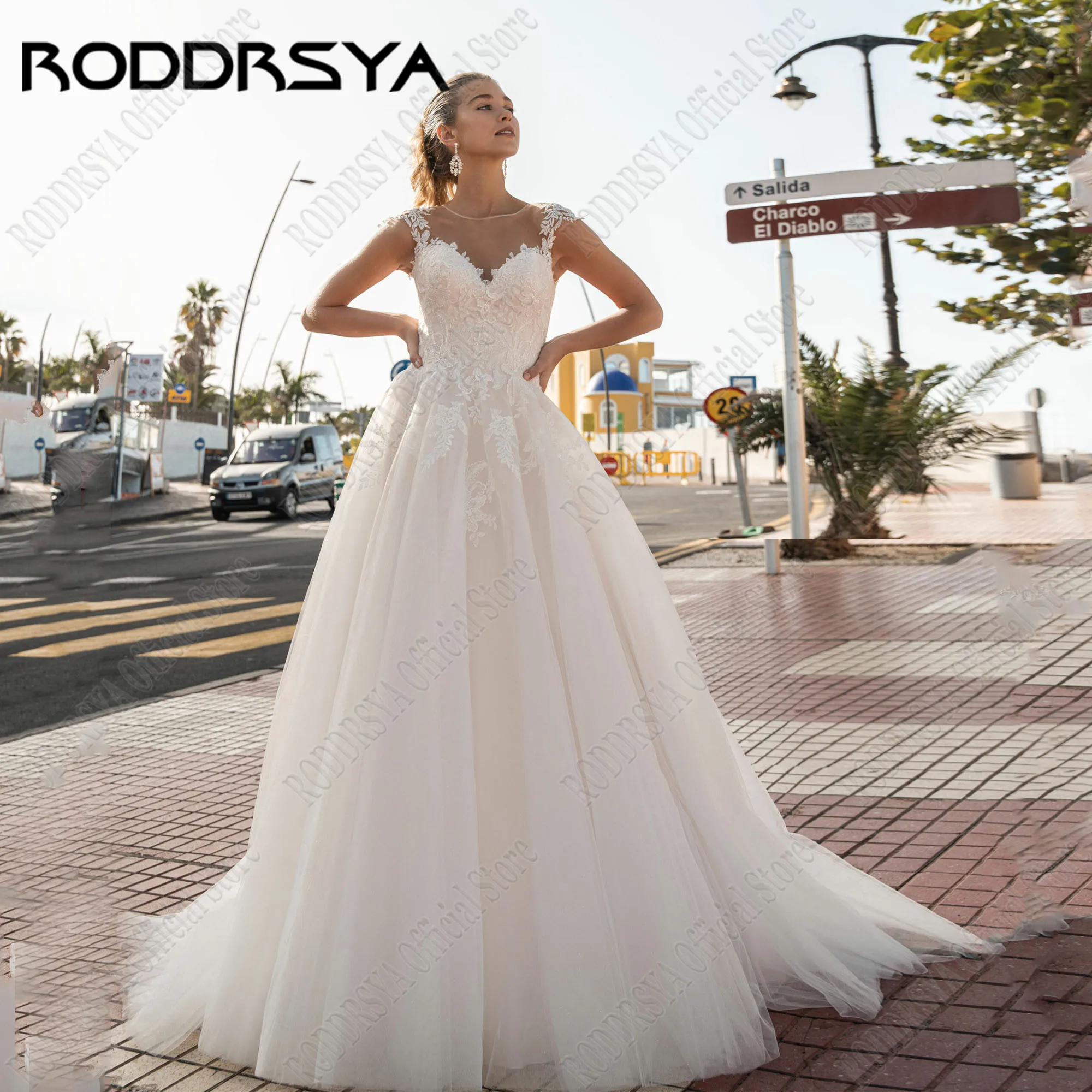 

RODDRSYA Sparkly Scoop Wedding Dress 2024 Bride Cap Sleeves Illusion Back Applique A-Line Vestidos De Novia Sweep Train Custom