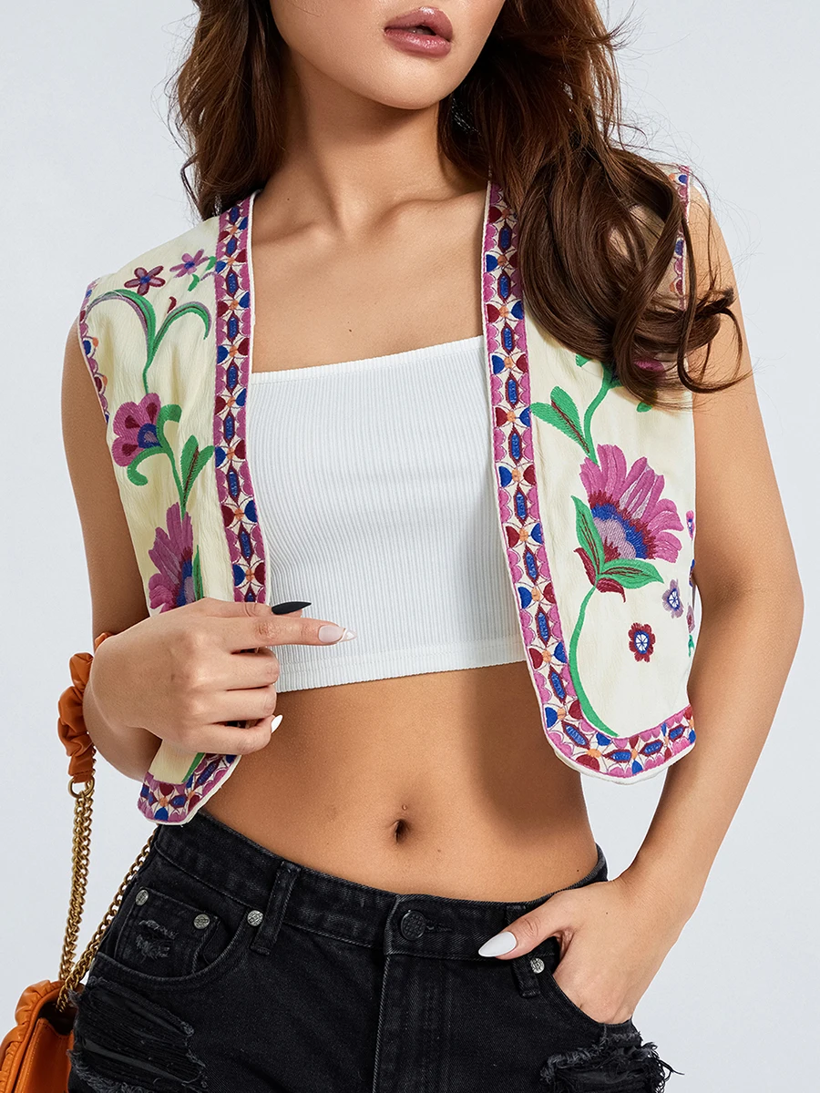 Women Vintage Embroidered Crop Vest Top Y2K Boho Floral Sleeveless Open Front Cardigan Flower Linen Vest Waistcoat Gilet Outwear