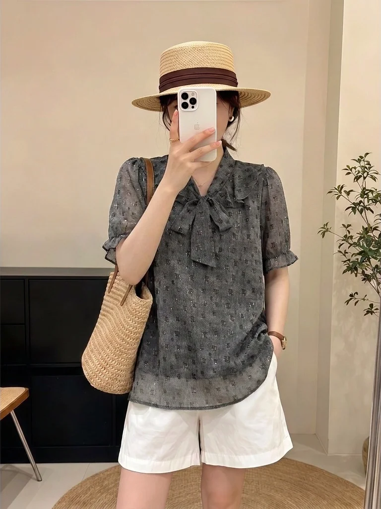 Gray  Knot Short Sleeve Chiffon Shirt Women's Summer New Large Size Flattering Top Korean Style Loose Fit V-neck