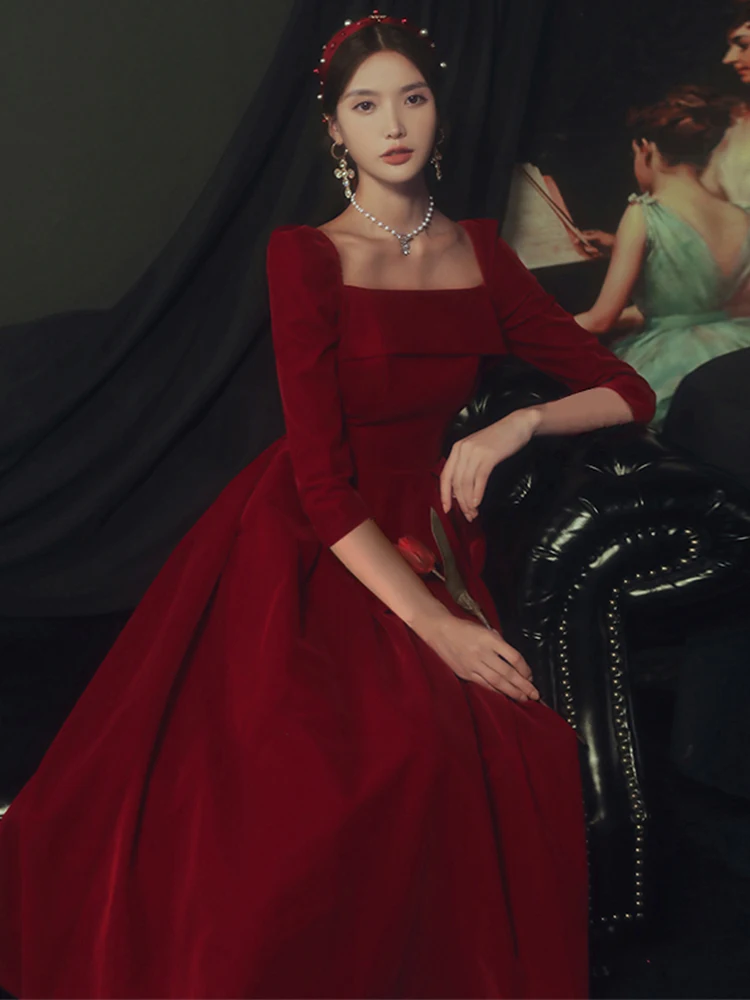 

Красное вечернее платье с длинными рукавами для женщин, для помолвки, в корейском стиле, приталенное, в китайском стиле, однотонное