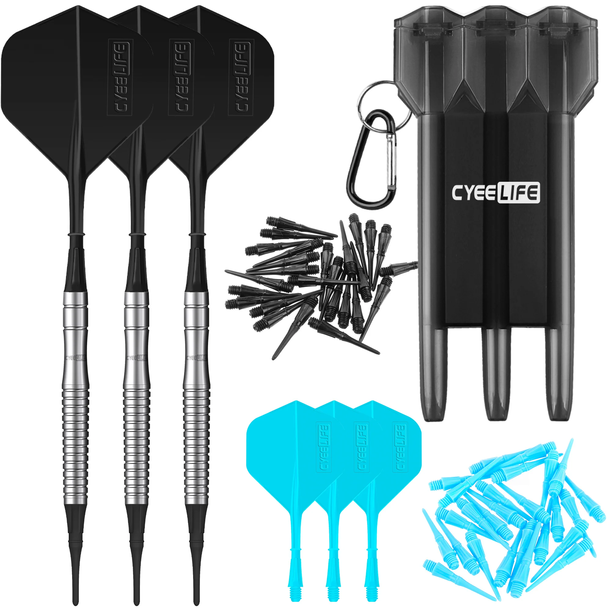 CyeeLife 90% Tungsten soft tip darts 18g set with carry case Blue&Black New Flights,60pcs Plastic points