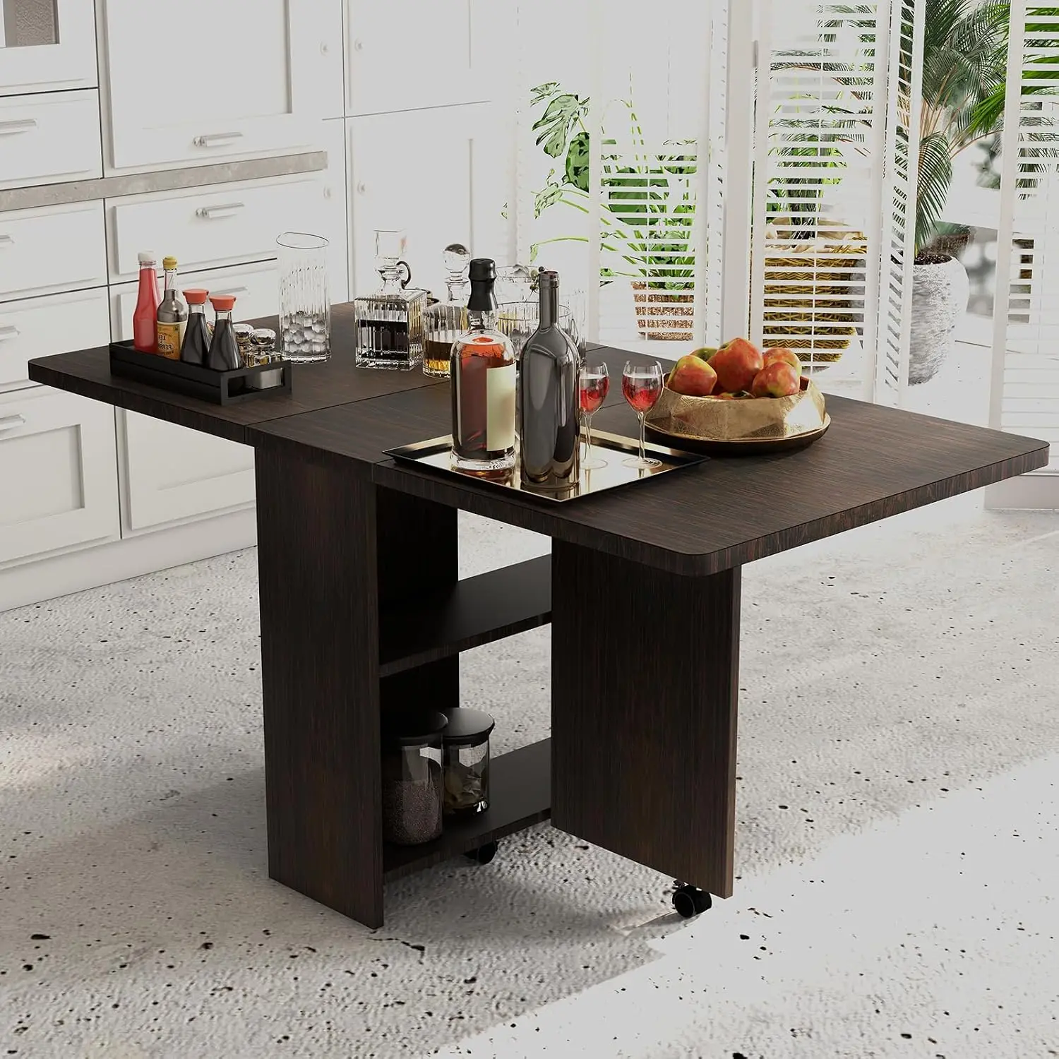 Folding Dining Table Drop Leaf Storage Lockable Wheels, Sturdy Walnut Wood for Small Flats, Converts 2 to 6 Seater with 2-Tier Rack for Kitchen,Dining Room