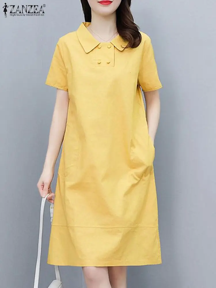 

ZANZEA Fashion Summer Short Sleeve Casual Loose Shirt Dress Women Lapel Neck Solid Work Sundress Kaftan Knee-length Vestidos