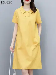 ZANZEA Fashion Summer Short Sleeve Casual Loose Shirt Dress Women Lapel Neck Solid Work Sundress Kaftan Knee-length Vestidos