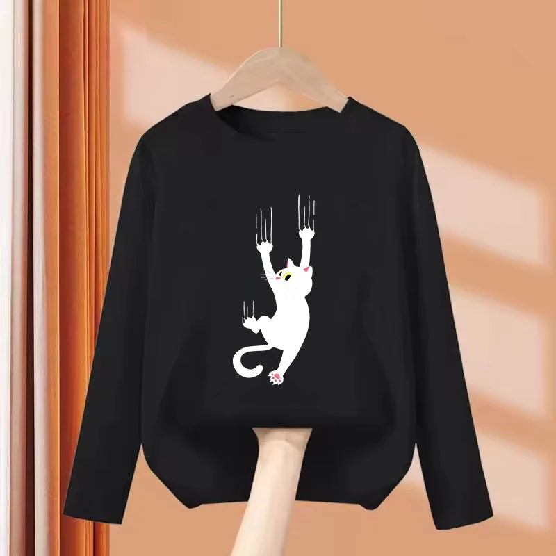 Long Sleeve Cute Climbing Cat T Shirts Funny Kids Children's T-shirt Boys Girls Summer Spring Casual Top Tee Shirt