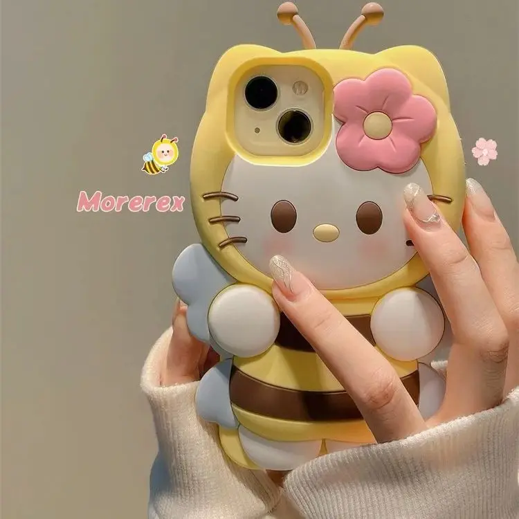 Sanrio Hello Kitty 3D Bee Kawaii Phone Case for iPhone 16 15 14 13 12 11 Pro Max XR XS MAX 7 8 Plus Cartoon Y2K Silicone Cover