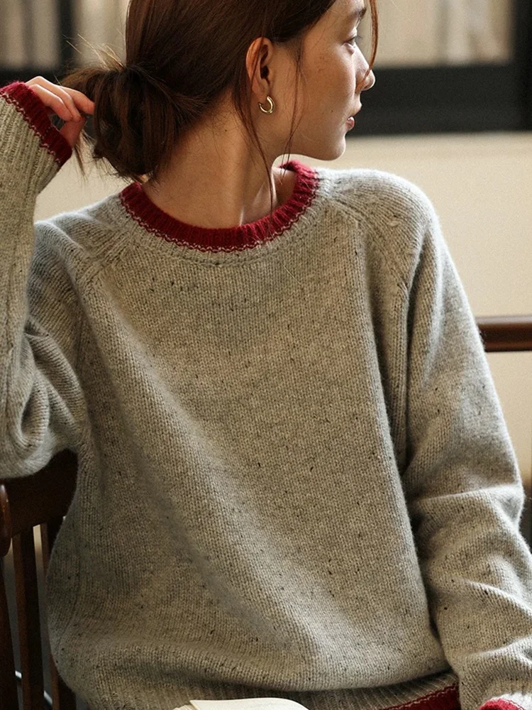 

Retro contrast 100% pure cashmere knitted sweater round neck autumn and winter high-quality temperament age-reducing top