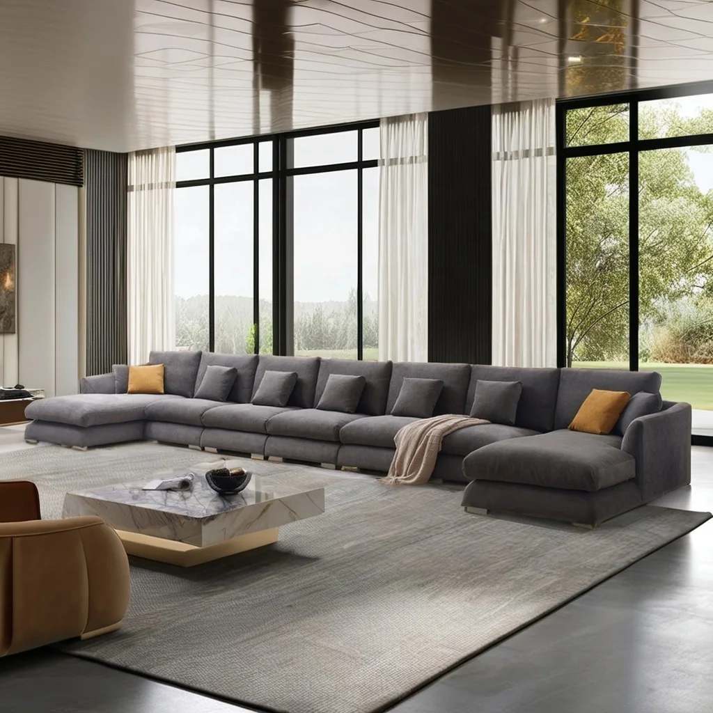 Luxury Fabric Extendable Tufted Modular Sectional Sofa Set with High-density Sponge U Shaped Design for Villa Living Room
