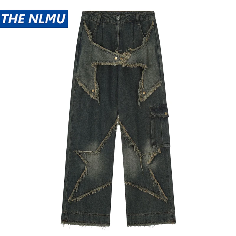 2025 Vintage Baggy Jeans Men Star Patchwork Loose Straight Denim Pants Distressed Retro Hip Hop Streetwear Jeans