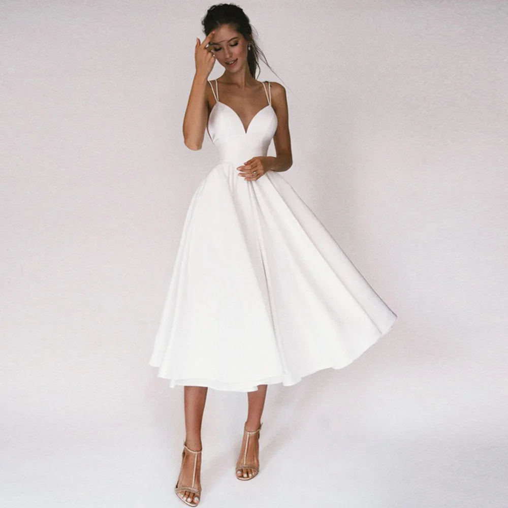 Civil Satin Wedding Dress Mid-Calf V-Neck Spaghetti Straps Vestidos De Novia Simple Open Back Bridal Sleeveless Short Gowns