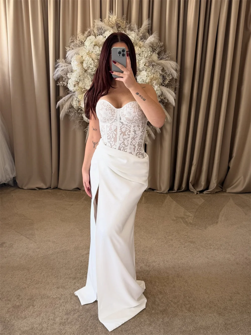 فستان زفاف كيوتو مخصص باللون الأبيض بدون حمالات من الدانتيل حورية البحر أنيق بدون أكمام من فيستدوس دي نوش بطول الأرض للسهرات الرسمية