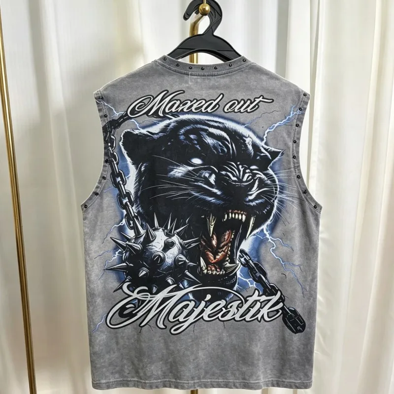 Black Panther Chain Lightning Print MAJESTIK Tshirts American Street Riveted Round Neck Sleeveless Tank Tops Men Women Vest