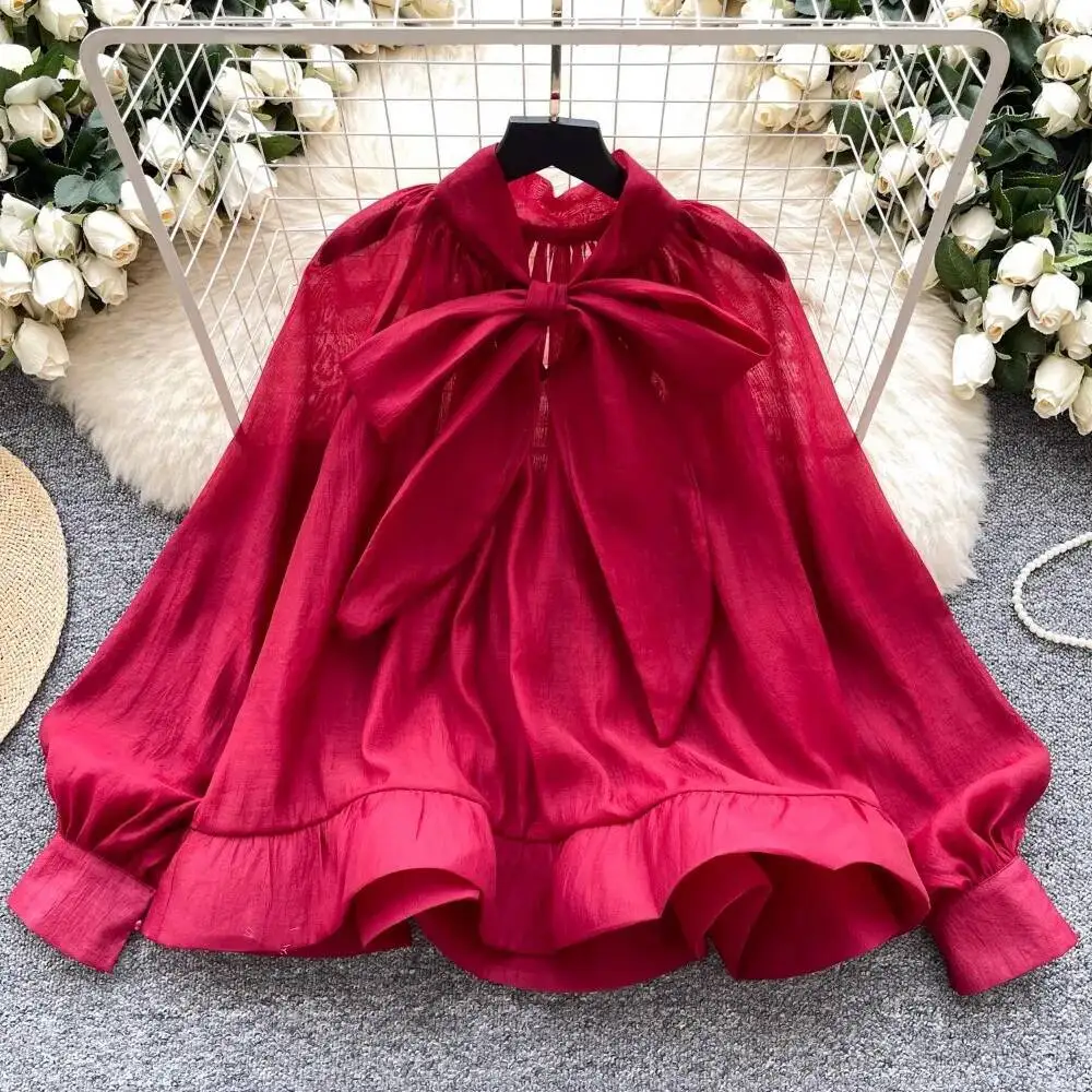 Vintage Light Ripe Wind ขั้นสูงเสื้อชีฟองพัฟเสื้อ \ \ \ \ \ \ \ \ \ \ \ \ \ \ \ Bow หลวมตาข่าย Elegant เสื้อ Office Lady เกาหลี Blusas
