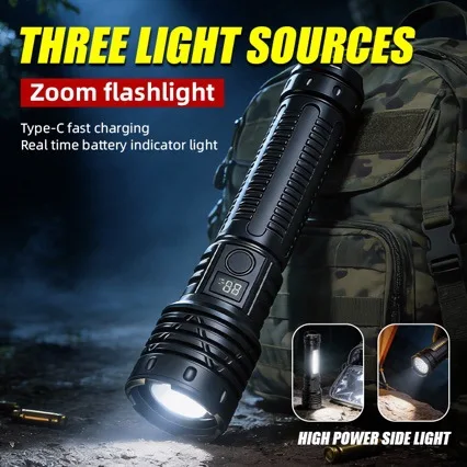 Zoomable Rechargeable White Laser LED Flashlight with COB Side Light Tactical Portable EDC Torch Tail Warning Light for Camping