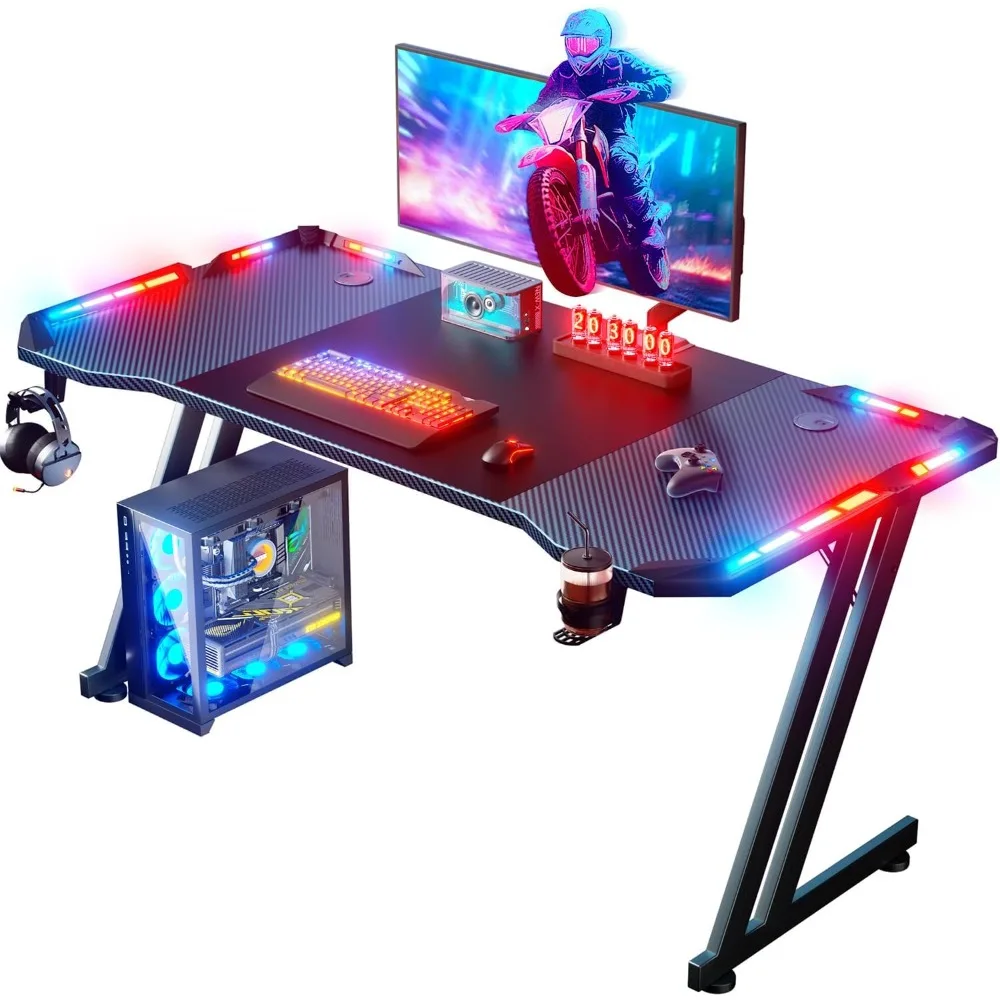 

Gaming Desk with LED Lights 55 Inch Large Gamer Table for PC Ergonomic Carbon Fibre Surface Computer Workstation with Cup Holder