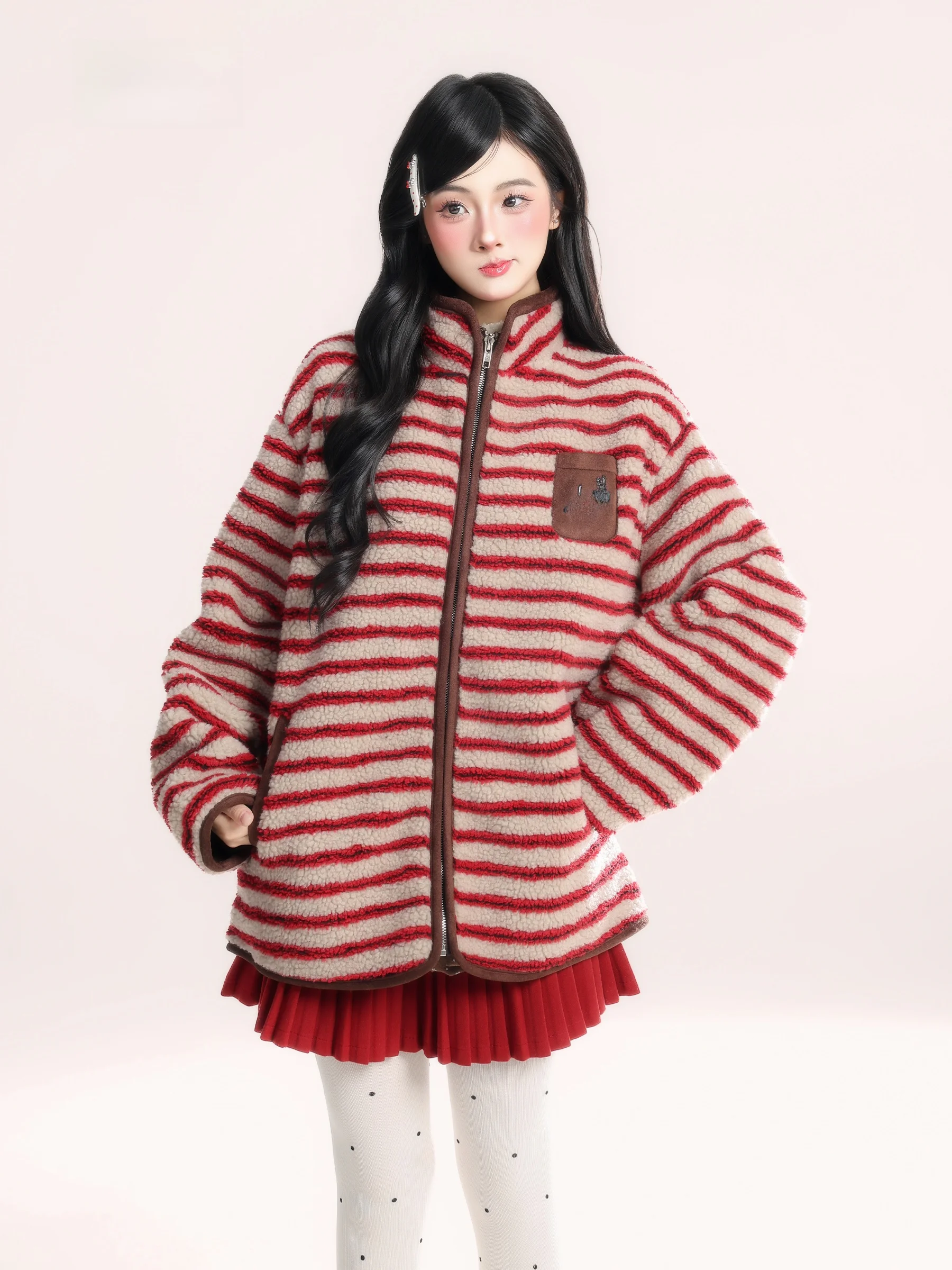 

Корейская ретро-куртка HM из полосатой овечьей шерсти, женская зимняя теплая красная верхняя одежда, свободный крой, длинный рукав, для повседневной носки