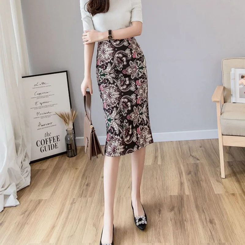 

New Spring and Summer Women's Solid Colors Printed Split High Waist Zipper Bag Hip Korean Fashion Casual Commuter Skirt