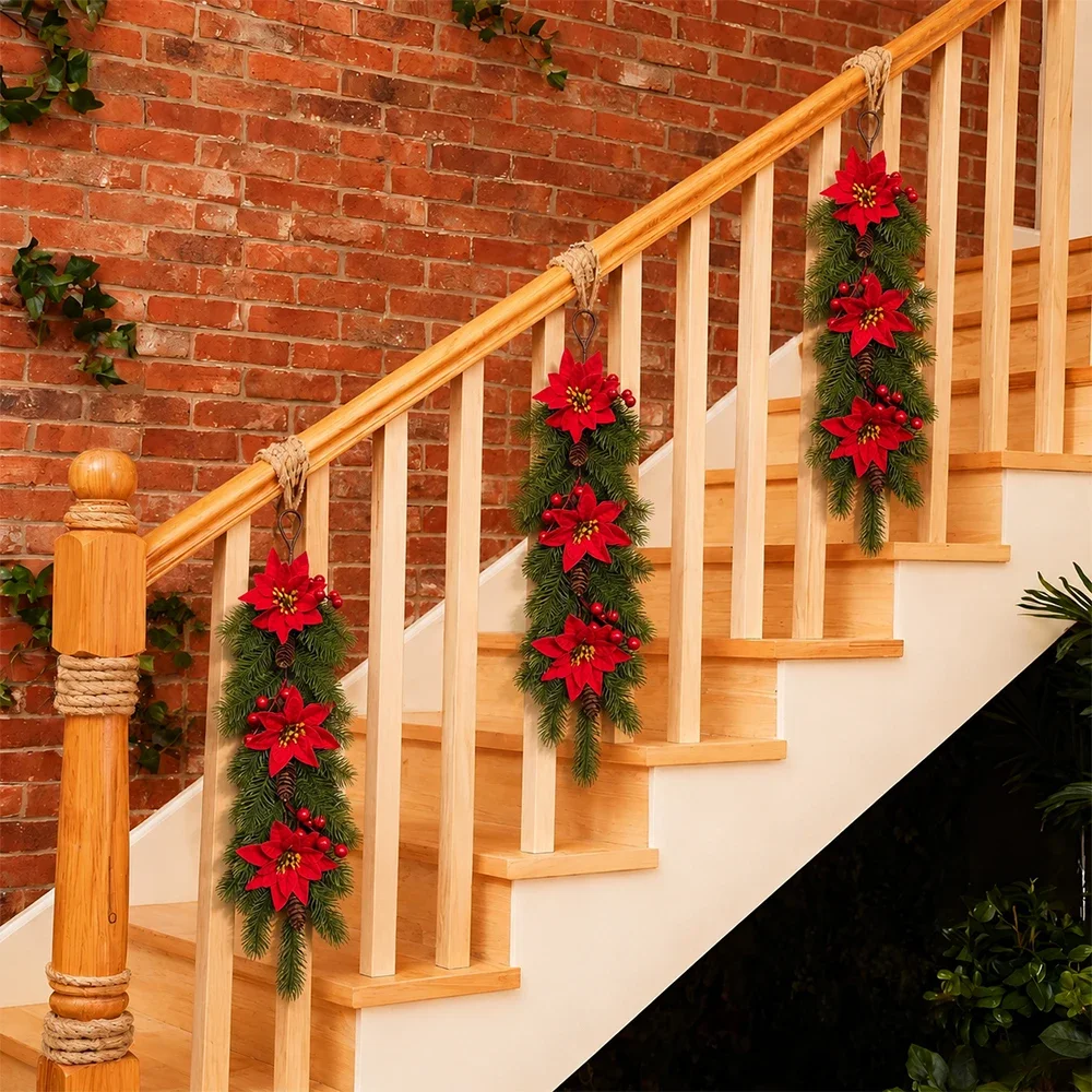 2-teilige Weihnachts-Hängegirlanden, künstliche Kiefernzweige, Weihnachtssternbeeren, Tannenzapfen für Tür-, Wand- und Kamin-Dekoration, Weihnachtskränze – Detail 3