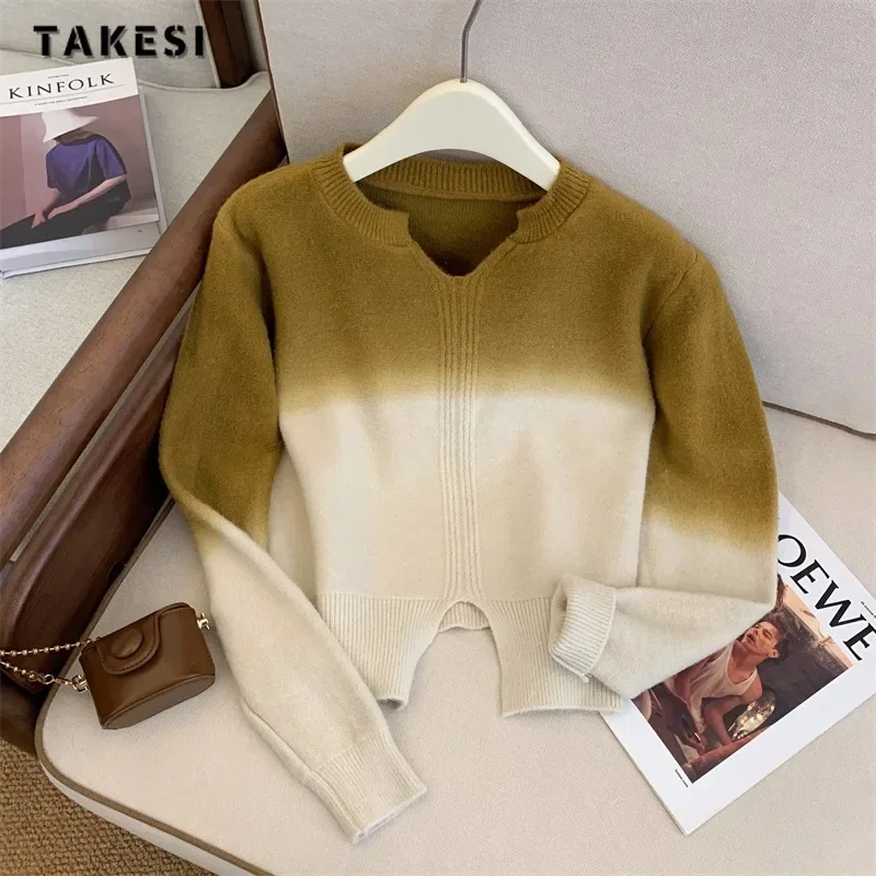 2023 Winter Casual Gradient Knitting Long Sleeve Tie Dye Pullovers Korean Fashion Women Sweet V-neck Ladies Warm Sweater