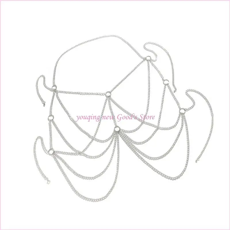 

57QA Edgy Multilayer Circle Chain Halter Stylish Multilayer Circle Chest Chain Body Chain Charm for Parties and Festivals