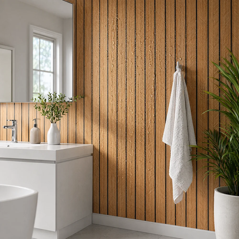 Natural Oak Wood with Thin Black Vertical Lines Self-Adhesive Wallpaper Removable Vinyl Sticker Dresser Home Renovation
