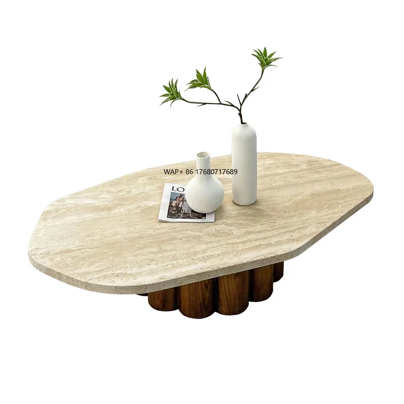 Modern Wabi-Sabi Style Solid Wood Coffee Table with Cream Style Natural Marble High-End Creative Set for Living Room Tea Table