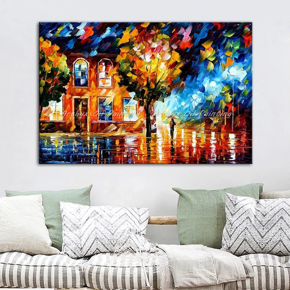 Hand-painted Night Street View Landscape Oil Painting on Canvas,Modern Wall Art Abstract Knife Picture for Room,Home Decoration