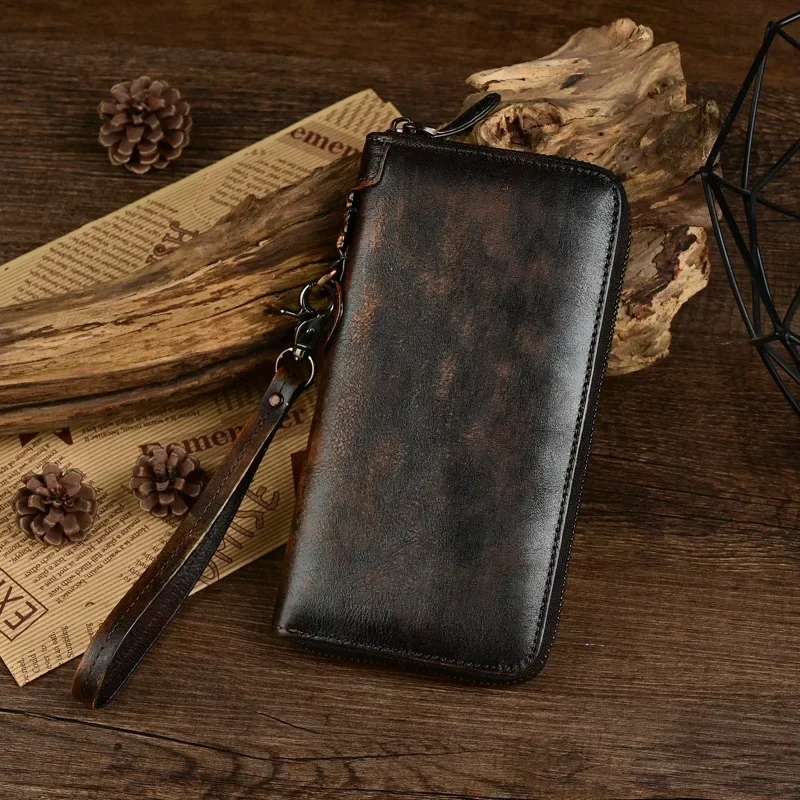 Vintage Men's Leather Clutch Zipper Wallet for Casual Card and Coin