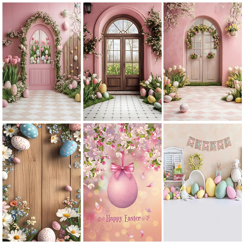 primavera-feliz-pascoa-fotografia-pano-de-fundo-ovos-florais-coelhos-rosa-parede-porta-balao-pascoa-bebe-aniversario-fundo-photo-studio