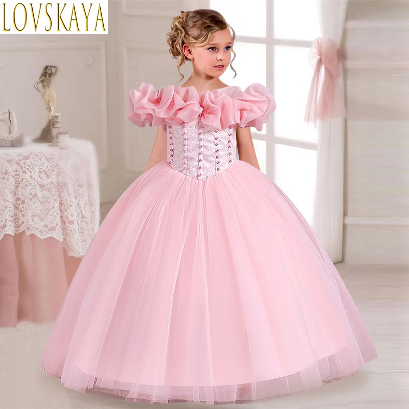 Children's sequin fluffy sleeve princess dress for boys and girls aged 5-14, pearl bow fluffy mesh dress, banquet host costume