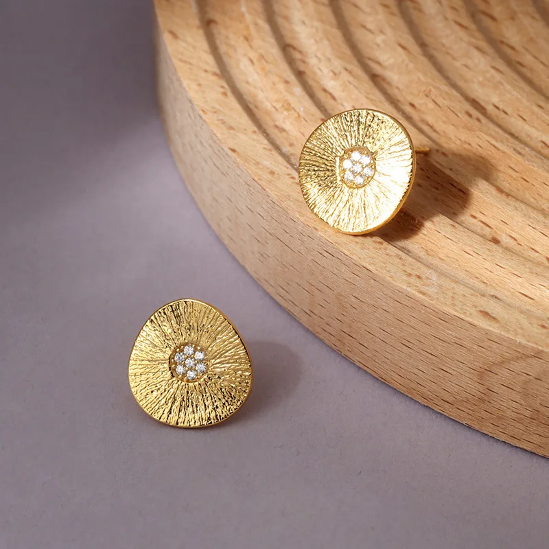 925 silver gold lotus leaf separator curved brushed wood grain flower earrings electroplated gold-plated Korean INS style female