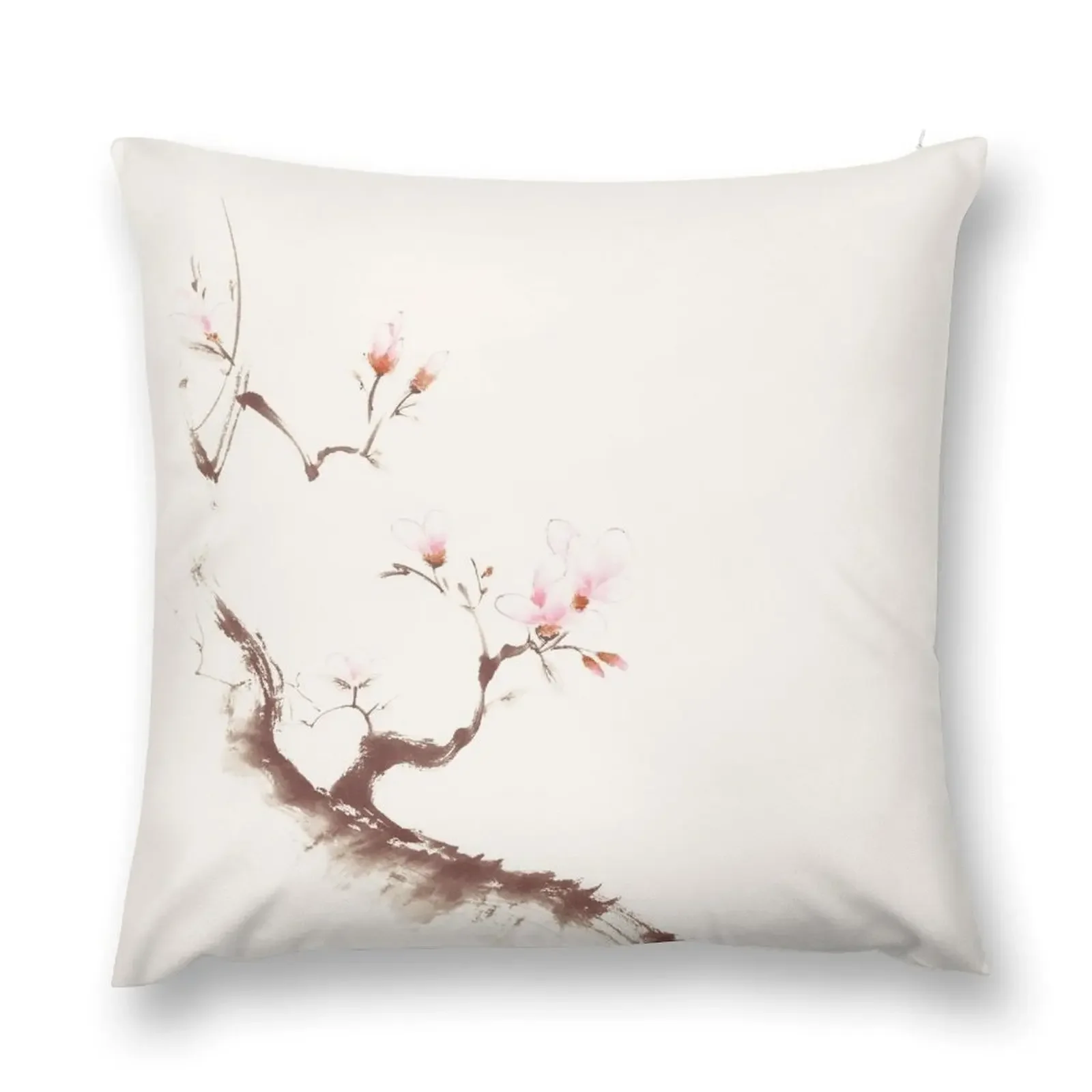 Gentle sumi-e design of a blossoming sakura branch with pink flowers on light beige art print Throw Pillow