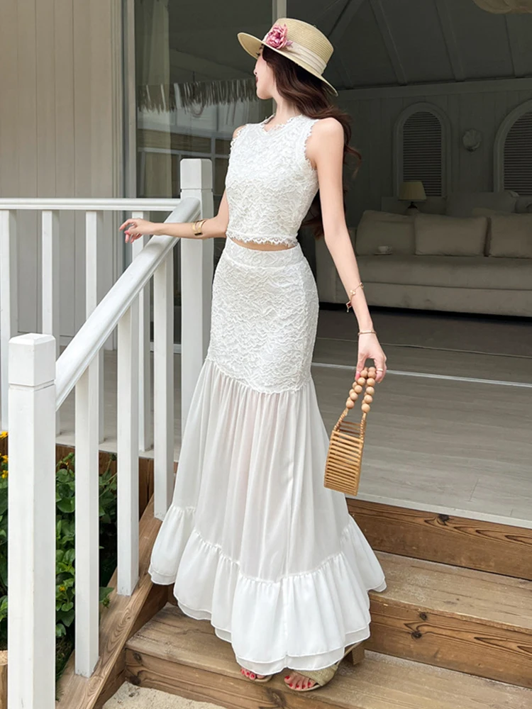 Summer Women 2-Piece White Lace Outfit Sexy O Neck Crop Short Tops Shirt And High Waist Ruffle Maxi Skirt Vacation Slim Set New view 3