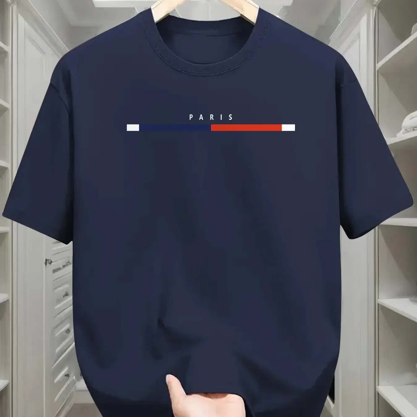 تي شيرت صيفي للرجال بطبعة جرافيك باريس - تي شيرت كاجوال بأكمام قصيرة ورقبة دائرية مع خطوط زرقاء وحمراء